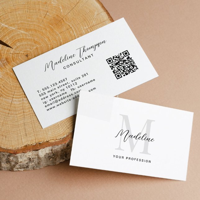 Minimaler Script Schwarz-weißer Monogram QR Code Visitenkarte (Von Creator hochgeladen)