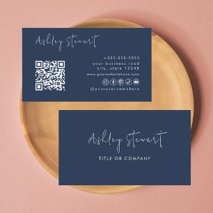 Minimaler Script Sicial Media Qr Code Navy Blue Visitenkarte
