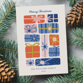 Minimaler Skandinavier mit farbenfrohen Geschenken Feiertagskarte