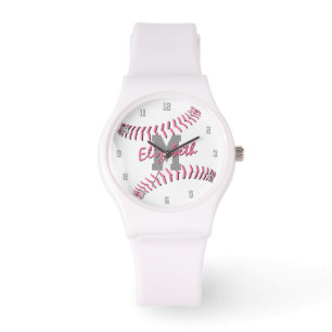 Minimaler Sportpink-Grauwein-Monogramm-Softball Armbanduhr