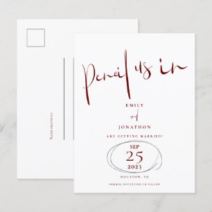 Minimaler Stift uns in Script Burgundy Save the Da Ankündigungspostkarte