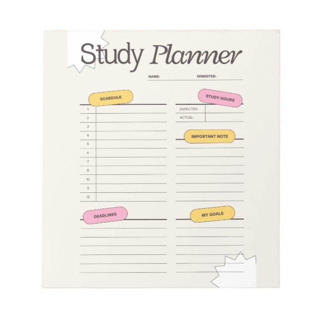 Minimaler Studienplaner mit stündlichem Zeitplan Notizblock (Vorderseite)