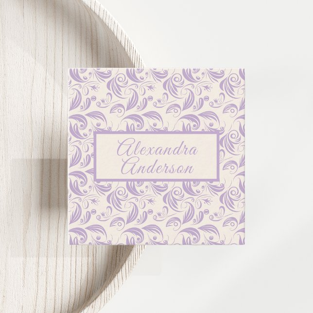 Minimaler Violet Lavender Blätter Musterskript Quadratische Visitenkarte (Minimal Violet Lavender Leaves Pattern Script Square Business Card)