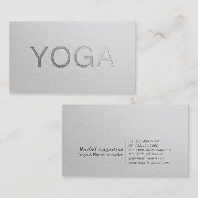 Minimaler weißer Silber Embossed Text Yoga Instruc Visitenkarte (Vorne/Hinten)