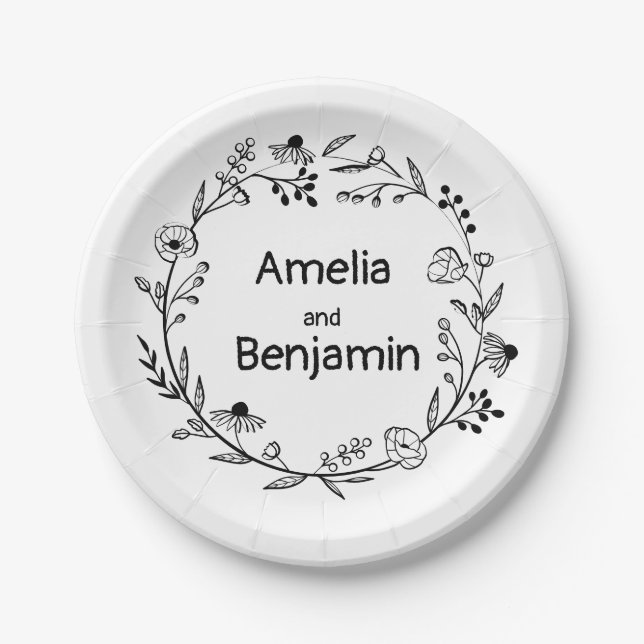 minimaler Wildblumenkranz Folk Rustikale Hochzeit Pappteller (Vorderseite)