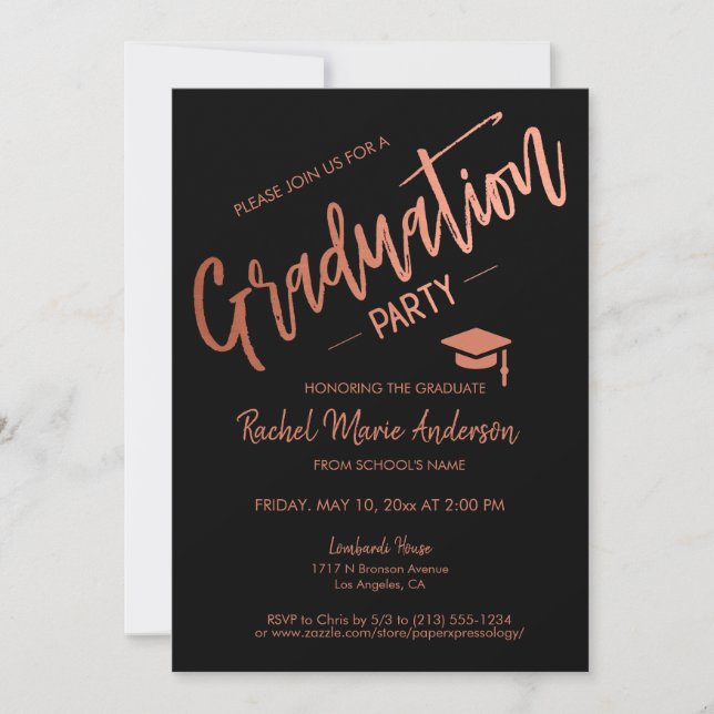 Minimales Black and Rose Gold Graduation Party Fot Einladung (Vorderseite)