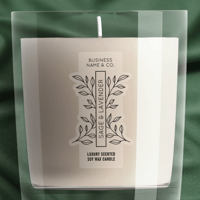 Minimales botanisches Clear Candle Jar Vertikal La Aufkleber (Transparent thin vertical rectangle jar label with modern botanical leaf motif and simple layout)