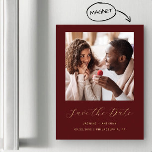 Minimales Burgundy Red Gold Foto Save the Date Magneteinladung