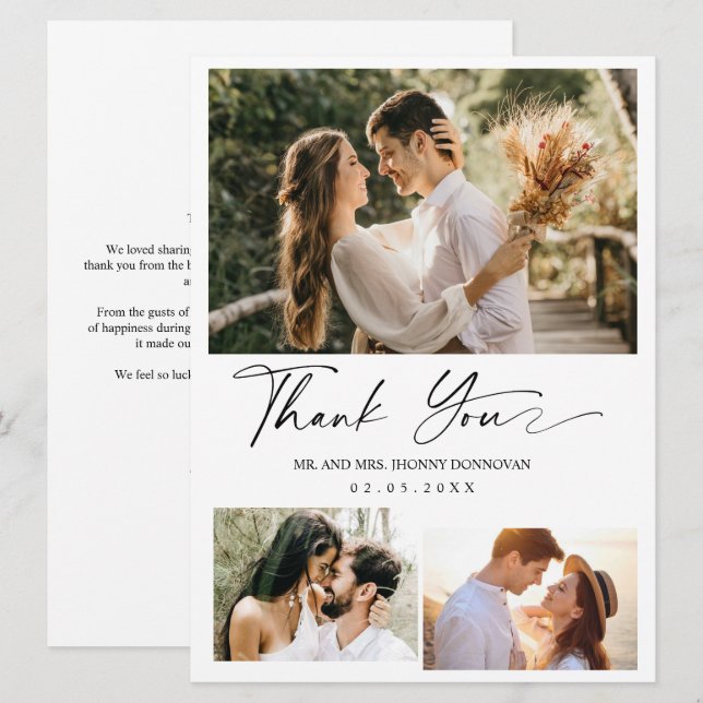 Minimales Drehbuch Drei Foto Hochzeit Danke Karte (Vorne/Hinten)