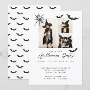 Minimales Drei-Foto-Spooky-Fledermäuse Halloween-P Einladung
