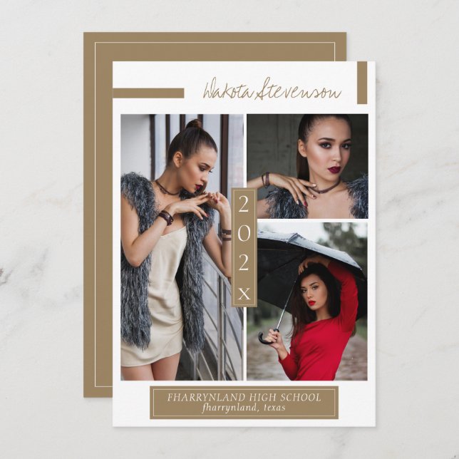 Minimales dunkles Gold und weißes Abschluss Foto Einladung (Vorne/Hinten)