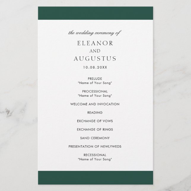 Minimales Emerald Green Budget Hochzeitsprogramm (Vorne)