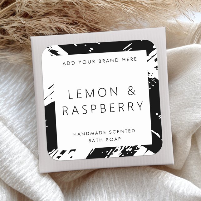 Minimales Etikett für schwarz-weiße Buschstriche Quadratischer Aufkleber (Minimal black and white bushstrokes product label)