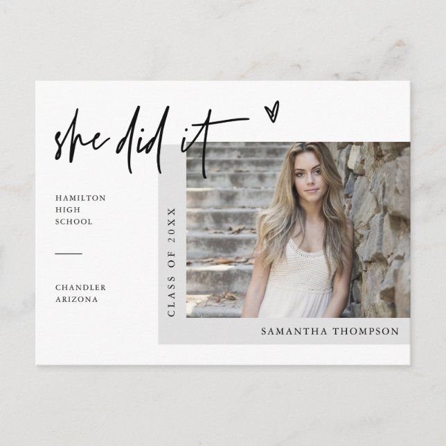 Minimales Foto, das sie es getan Abschluss Ankündi Postkarte (Vorderseite)