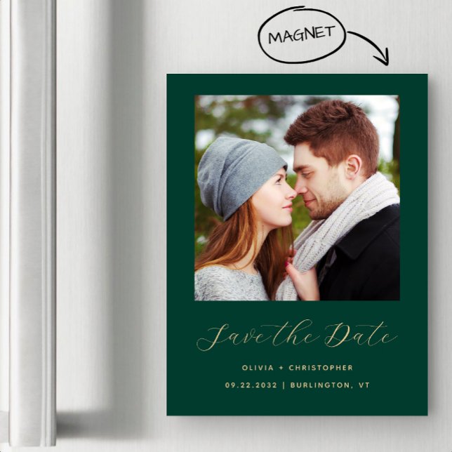 Minimales Foto Emerald Green Gold Save the Date Magneteinladung (Von Creator hochgeladen)
