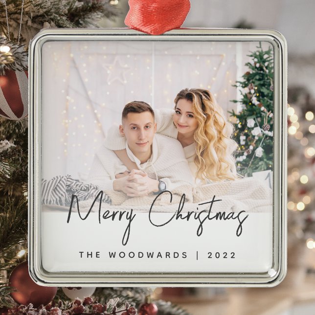Minimales Foto Frohe Weihnachten Grau Script Ornament Aus Metall (Von Creator hochgeladen)