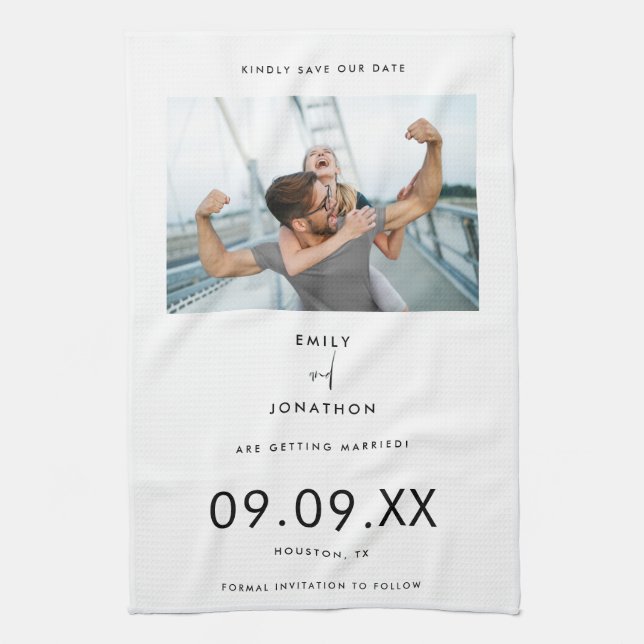 Minimales Foto Schwarze Typografie Save the Date w Geschirrtuch (Vertikal)