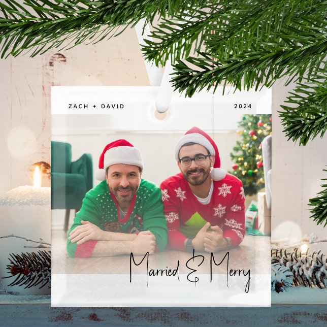Minimales Foto Verheiratet und Merry LGBTQ Schwarz Ornament Aus Glas (Von Creator hochgeladen)
