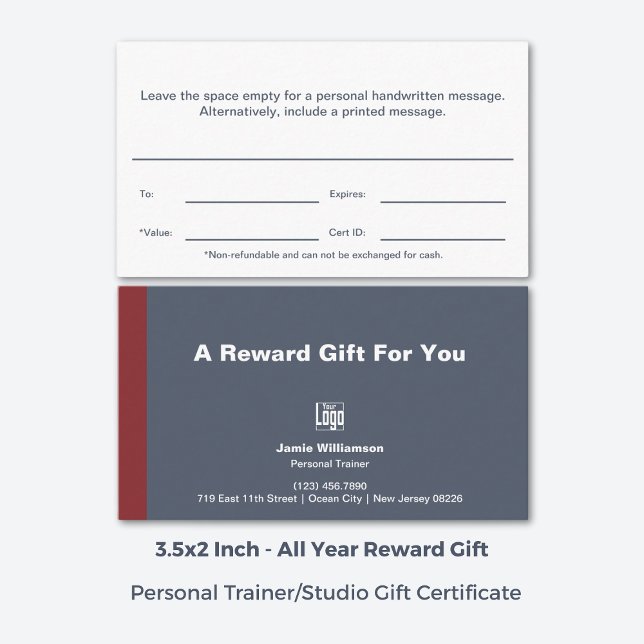 Minimales Geschenkgutachten für Personal Trainer Treuekarte (3.5x2 Inch, Minimal Personal Trainer Reward Gift Certificate, Grey, White, Red)