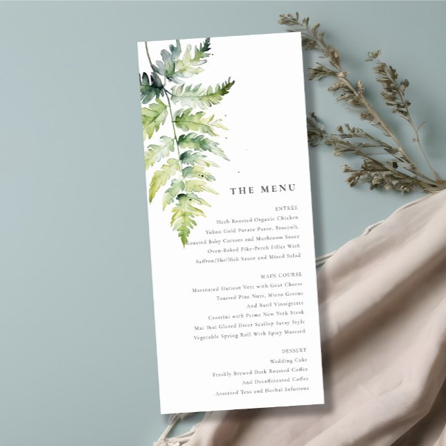 Minimales Green Watercolor Fern Foliage Wedding Me Menükarte (Von Creator hochgeladen)