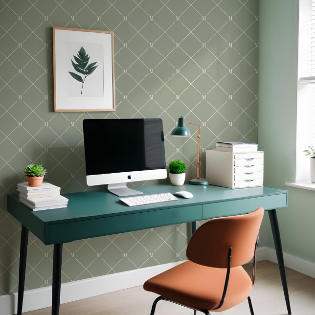 Minimales grünes Diagonal-Prüfmuster Tapete (Minimal Green Diagonal Checkered Monogram Pattern Wallpaper)