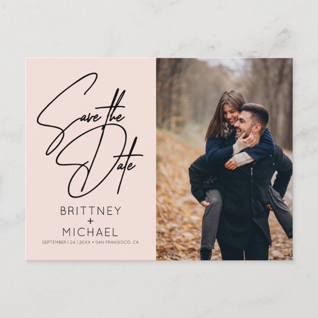 Minimales handgeschriebenes Foto Save the Date ros Ankündigungspostkarte (Vorderseite)