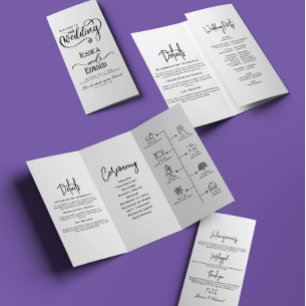 Minimales Hochzeitsprogramm Schwarz/Weiß Elegant Dreifach-gefaltete Programmkarte
