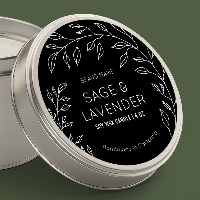 Minimales modernes botanisches Schwarz-weißes Prod Runder Aufkleber (Modern black and white greenery design round product label - great to use on jar & tin lids)