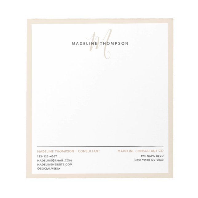 Minimales Monogram Creamy Sand Letterhead Geschäft Notizblock (Vorderseite)