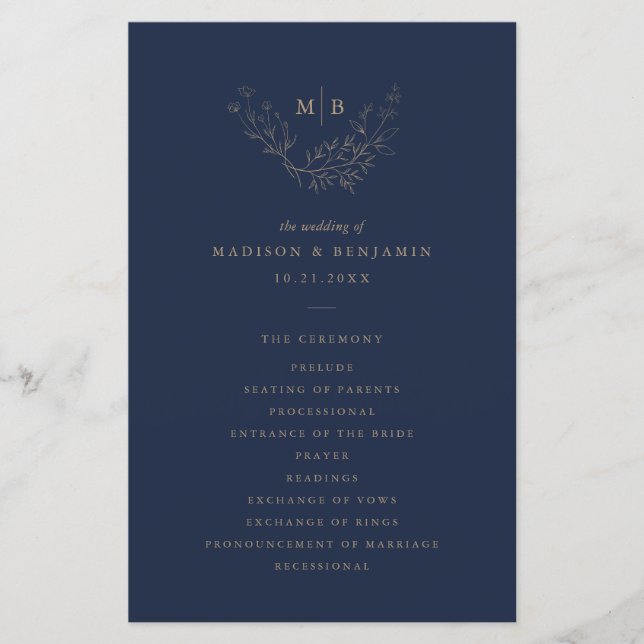 Minimales Navy Blue Formal Monogram Wedding Progra (Vorderseite)