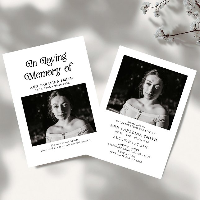 Minimales Retro-Beerdigung-Foto im liebenden Gedäc Einladung (Von Creator hochgeladen)