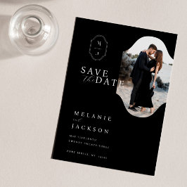Minimales Schwarz-Weiß-Monogramm-Wappen-Foto Save The Date