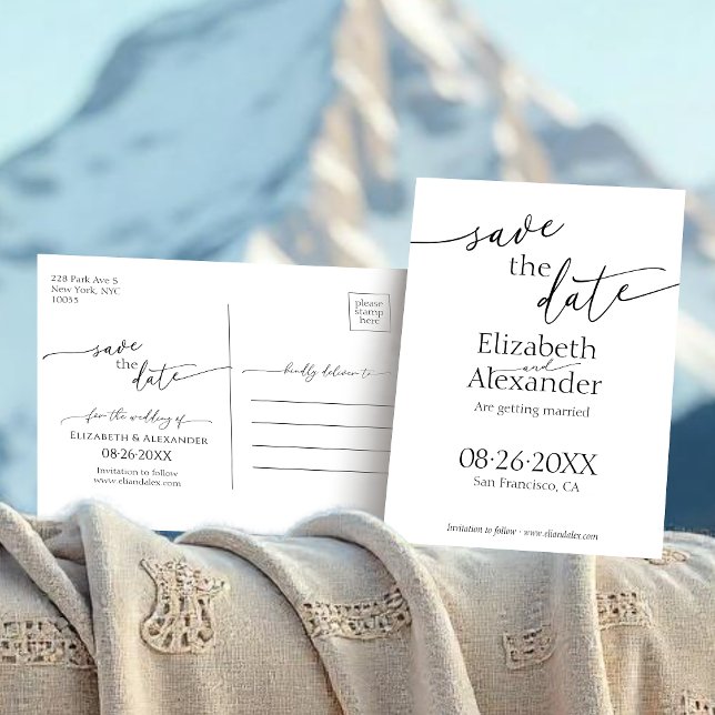 Minimales Schwarz-Weiß-Skript Save the Date Extrav Postkarte (Von Creator hochgeladen)