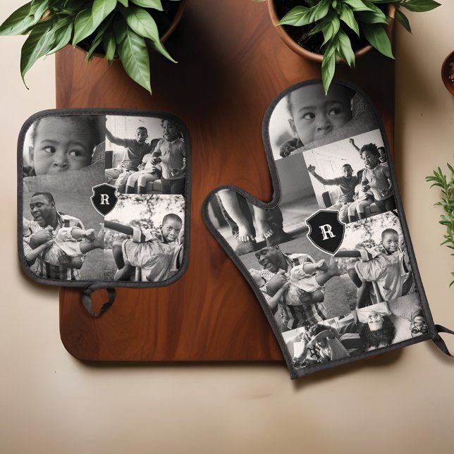 Minimales Schwarz-Weiß-Wappen für Monogramm-FotoCo Ofenhandschuh & Topflappen-Set (Minimal Black & White Photo Collage Monogram Crest Oven Mitt & Pot Holder Set)