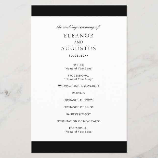 Minimales Schwarz-weißes Hochzeitsprogramm für Ele (Vorne)