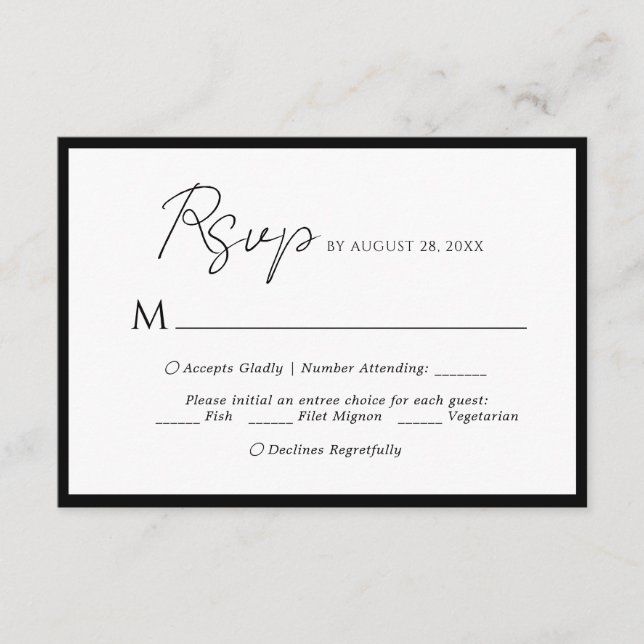 Minimales Skriptmenü Wahl Black Wedding Rsvp Begleitkarte (Vorderseite)