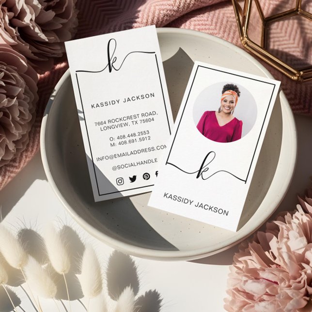 Minimales stylisches Script Monogram Frame Circle  Visitenkarte (Minimal Stylish Script Monogram Frame Circle Photo Business Card)