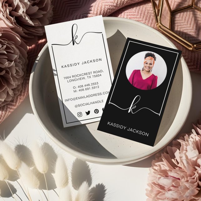 Minimales stylisches Script Monogram Frame Circle  Visitenkarte (Minimal Stylish Script Monogram Frame Circle Photo Business Card)