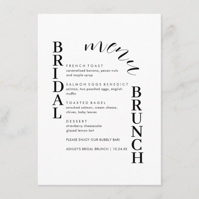 Minimales Text Bridal Brunch-Menü Menükarte (Vorderseite)