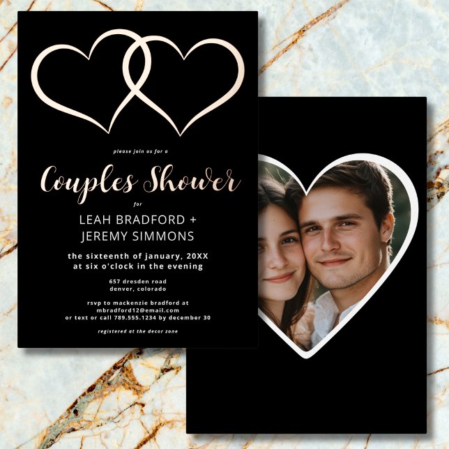Minimales Zwei-Herz-Schwarz-weißes Duschbad Foto Folieneinladung (Minimal Two Hearts Black White Couple Shower Photo Foil Invitation)