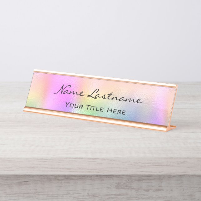 Minimalismus Custom Eleganto Holographic Pink Blau Schreibtischnamensplakette (Vorderseite )