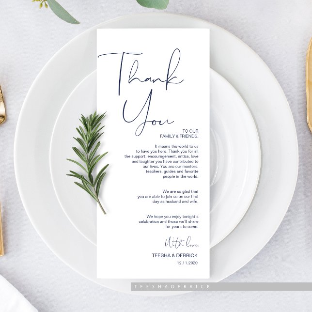Minimalismus Navy Script Place Einstellung Vielen  Programm (Minimalism Navy Blue Script Place Setting Thank You Card, for Wedding Elopement Dinner Plate Decor.)