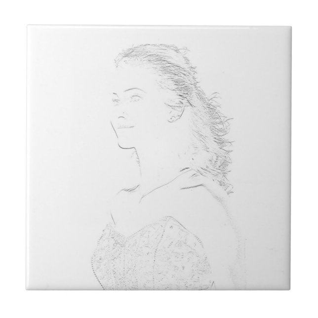 Minimalismus Sketch Zeichnend junge Lady Face Head Fliese (Vorderseite)