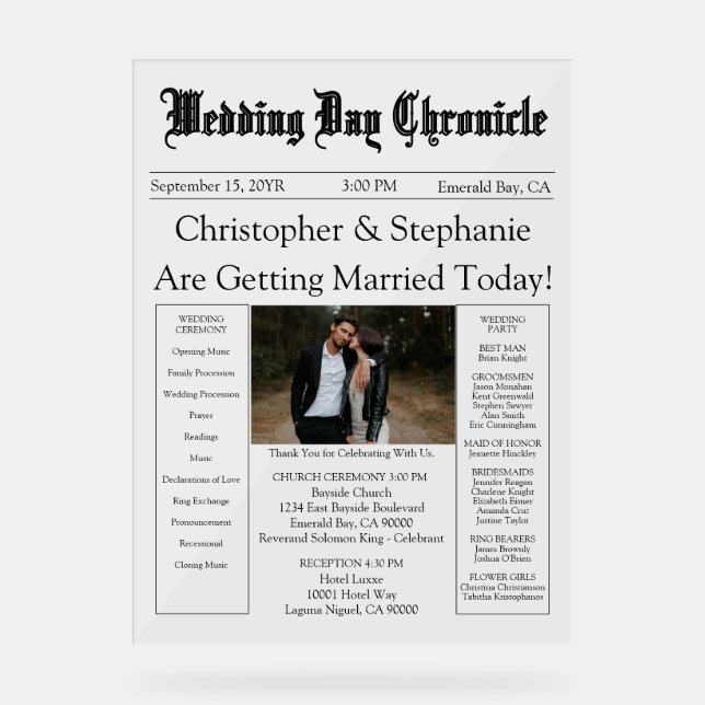 Minimalist 1 Photo Elegant Script Wedding Program Acrylschild (Vorderseite)