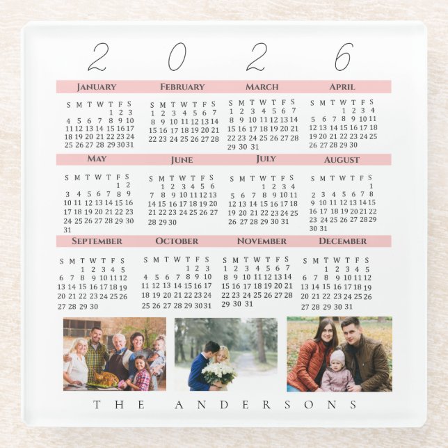 Minimalist 2026 Multi Photo Calendar  Keepsake Glasuntersetzer (Vorderseite)