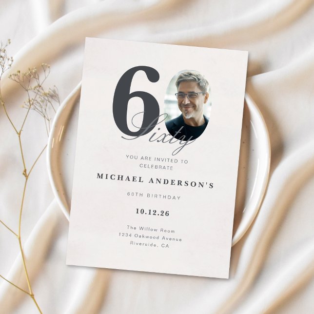 Minimalist 60th Year Birthday Invitation Einladung (Modern 60th Birthday Card with Photo)
