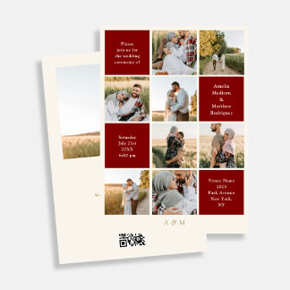 Minimalist 9 Photo Ivory Burgundy Wedding  Einladung