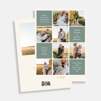 Minimalist 9 Photo Ivory Sage Green Wedding  Einladung