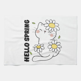 Minimalist Aesthetic Hello Spring Cat & Daisy Geschirrtuch