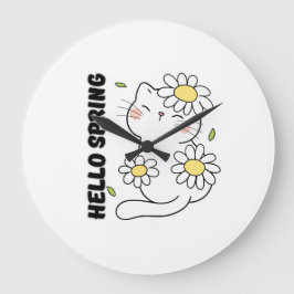 Minimalist Aesthetic Hello Spring Cat & Daisy Große Wanduhr